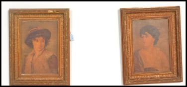 A pair of 19th Century framed oleograph prints depicting a man and a lady in carved wood and gesso