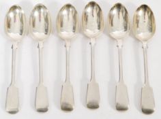 A set of six 19th century Victorian silver hallmarked tea spoons in the fiddle pattern. Hallmarked