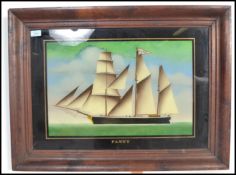 An early 20th century reverse painting on glass depicting a sailing ship clipper boat entitled '