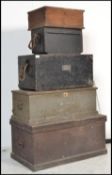 A stack of vintage wooden chests / trunks to include an ebonised military example with name plaque