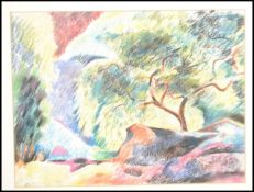 An original 20th Century chalk pastel drawing by Bob Gau of a landscape featuring a sweeping tree