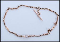 A hallmarked 9ct gold Albert pocket watch chain having T bar with dual clasps. Weighs 9.5 grams.