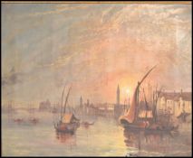 An early 19th century oil on canvas painting of Venice featuring boats and canals set to an ornate