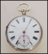 A 19th century Victorian silver hallmarked full hunter pocket watch having a fusee movement. The