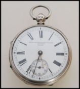 A 19th century Victorian silver hallmarked pocket watch having a fusee movement. The white enamel