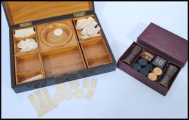 A group of vintage gaming items to include a maple lacquered box opening to reveal sectional