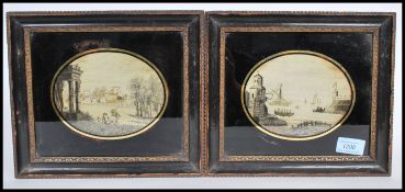 A pair of 19th century framed and glazed silk embroidery pictures one depicting dock scene with