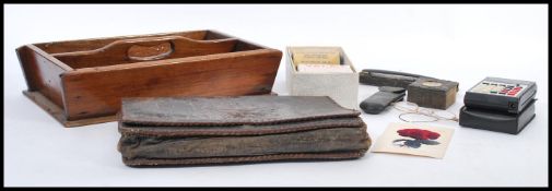A dealers lot to include a mahogany cutlery tray together with a cut throat razor, pair of yellow