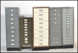 A collection of 5 vintage 20th century metal index office / industrial filing cabinets. Each of