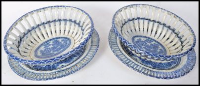 A pair of 18th century Caughley porcelain ribbon chestnut baskets and stands. Each with beautiful