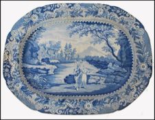 An early 19th century Georgian Brameld pearlware blue and white meat platter, circa 1810, printed in