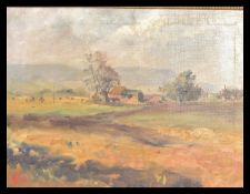 A mid 20th century oil on canvas French painting depicting a rural landscape scene with buildings