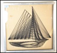 A vintage retro 20th century string and pin artwork depicting a sailing boat at full mast. Set to