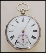 A 19th century Victorian silver hallmarked full hunter pocket watch having a fusee movement. The