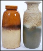 Two vintage retro 20th century West German pottery tall large vases. Brown glaze fat lava type