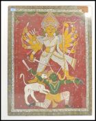 A late 19th Century painting on canvas depicting the Hindu God Durga slaying Mahesha, on a red