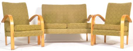 BRITISH 1940'S ART DECO BEECH BENTWOOD SOFA SETTEE AND ARMCHAIRS