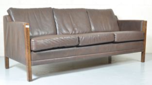 1970'S DANISH CHOCOLATE BROWN LEATHER AND OAK LONDON TYPE SOFA