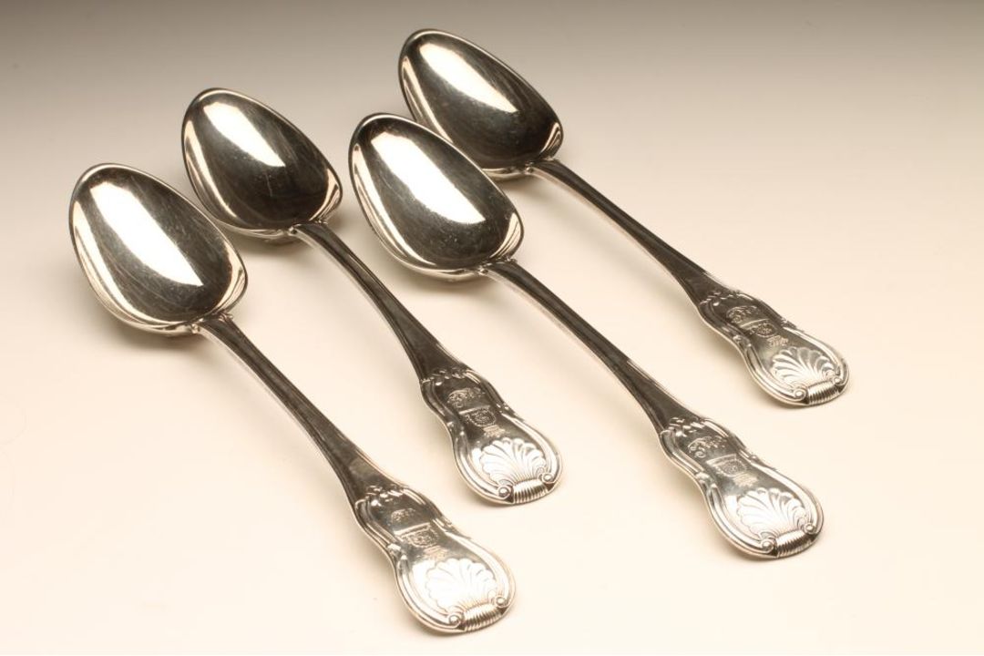 A SET OF FOUR LATE GEORGE III SILVER BASTING SPOONS, maker Eley, Fearn & Chawner, London 1809, in - Image 1 of 4