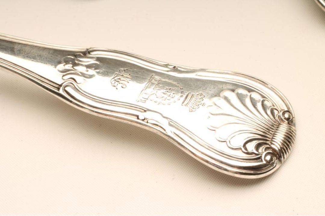 A SET OF FOUR LATE GEORGE III SILVER BASTING SPOONS, maker Eley, Fearn & Chawner, London 1809, in - Image 2 of 4