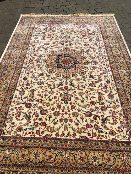 Gold & ivory ground cashmere carpet shakass medallion design 304cm by 195cm