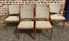 6 retro dining chairs including 2 carvers with fabric seats