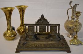 Ink stand, 2 brass vases, white metal jug,