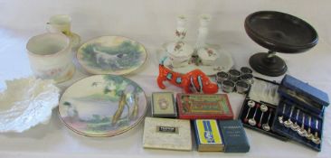 Selection of silver plate, wooden fruit bowl, Royal Doulton plates, dressing table set,