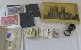 Cigarette cards, 2 silver napkin rings with Birmingham hallmarks,