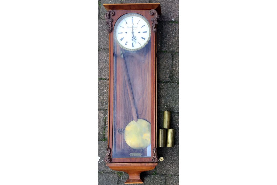 Vienna regulator wall clock maker Johann Kralik in Wien with 3 weights in a cherry wood case with - Image 1 of 12
