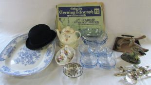 Crumb tray, meat plate, bowler hat, Alfred Meakin teapot, silver plate cutlery,