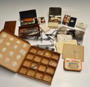 Fly Tying Equipment: A box of including various tools and 2 vices, plus a Pearsells box of tying