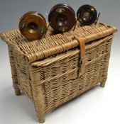 Collection of Nottingham wooden and brass reels and wicker tackle basket (4): interesting 3.75