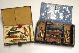 Various Lures and Black Japanned boxes : A black japanned lure box containing a Hardy dead bait