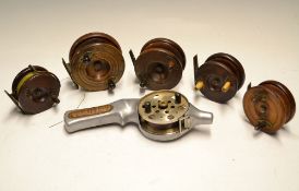 Rod & Reels (6): 5x Nottingham wooden and brass pattern Star and Spine back reels (one stamped S