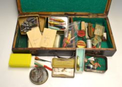 Large wooden customised tackle box - to incl 10x various lures incl good Hardy Swallow Tail 3.5