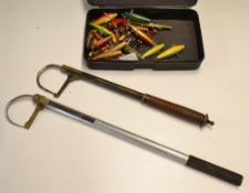 Fishing Gaffs and Lures: Brass two drawer gaff c/w turned wooden handle and point protector, another