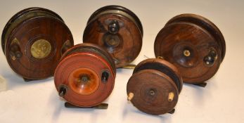 Interesting collection of Nottingham wooden reels (5): to incl an early wide metal strap back with