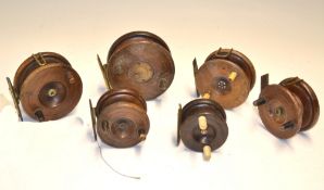 Various Nottingham wooden reels (6): 5x various brass star back reels ranging from 4