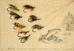 Salmon Fly Display: signed ltd ed drawn by K.C Hunt and mounted with large fully dressed salmon