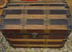 Mid 20th Century Travel Trunk wooden with a bowed top with lath and metal fittings, 27