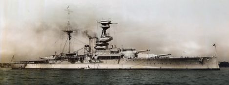 WWI HMS Royal Oak photograph in black and white, mounted with gold gilt title below, framed measures