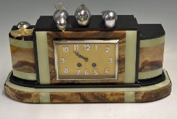 French Marble Clock Art Deco design having square clock face with 3 chrome birds to top set in