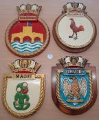 4x Large Royal Navy Ship crests to include Maori, Gamecock, Troubridge and Legion, 45cm high approx.