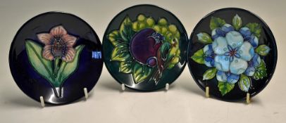 3x Small Moorcroft Pottery Pin Dishes 1993-1995 fruit and floral design, all measure 12cm dia