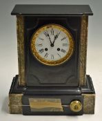 French Marble Clock having round clock face set in Black marble 33cm high, 28cm wide complete with