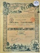 Very Early Automobile & Bicycle Manufacturer Bearer Certificate - S.A.Usine Delin, Cycles,