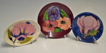 3x Moorcroft Pottery Pin Dishes various shapes 2x circular measuring 12cm dia and 10cm with a