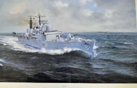 HMS Exeter Colour Print by Robin Brooks, framed, measures 90x65cm approx.