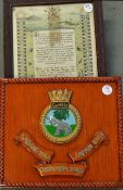 HMS Gambia Royal Navy Ship crest mounted to wood measures 46x40cm, together with a 'Crossing the